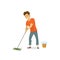 Man at household activity, washing mopping floor isolated cartoon