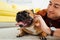 Man hugging french bulldog of floor in living room