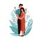 Man hugging and kissing pregnant woman. Happy family couple vector illustration. Husband and wife concept with floral