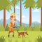 Man Hunter with Dog Pursuing Prey in Summer Forest, Funny Hunter Character Wearing Khaki Clothes and Hat with Rifle