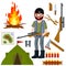 Man hunter with a gun. Survival kit in woods. Equipment for hunting