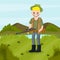 Man hunter with a gun. Survival in the woods. Equipment for hunting animals
