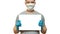 Man in hygienic medical mask and blue gloves holding white poster. Mockup template. Advertising area for information. Coronavirus