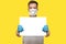 Man in hygienic medical mask and blue gloves holding white poster. Mockup template. Advertising area for information. Coronavirus