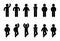 Man icon, collection of human silhouettes in various poses, people waving their hands