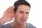 Man with impaired hearing struggling to hear