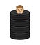 Man inside car tire. Guy in stack of car tires. vector illustration