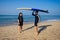 Man instructor demonstrating how to carrying surfboard on head to indian woman in surf class in Goa sea