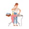 Man ironing clothes on board. Househusband doing daily routine cartoon vector illustration