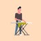 Man ironing clothes guy holding iron doing housework housekeeping concept male cartoon character full length flat gray