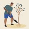 Man isolated planting trees flat vector stock illustration with person with shovel and taking care of ecology