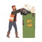 Man Janitor Throwing Garbage Bags into Recycling Container, Male Professional Cleaning Staff Character Wearing Orange