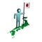 Man with Japanese flag on map