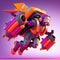 man with jetpack, 3d cartoon style, neon purple pink orange color scheme, flying in sky, no background