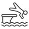 Man jump in water line icon, Aquapark concept, swimmer jumping from starting block to pool sign on white background
