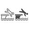Man jump in water line and solid icon, Aquapark concept, swimmer jumping from starting block to pool sign on white