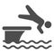 Man jump in water solid icon, Aquapark concept, swimmer jumping from starting block to pool sign on white background