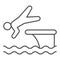 Man jump in water thin line icon, Aquapark concept, swimmer jumping from starting block to pool sign on white background