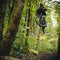 Man Jumping High on Dirt Mountain Bike Jump in the Woods