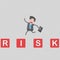 Man jumping over the risk mountain of cubes. 3D illustration.