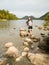 Man jumping on rocks