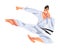 Man Jumping Side Kick, Male Karate Fighter Character in White Kimono Practicing Traditional Japan Martial Art Cartoon
