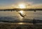 A man jumps into the lagoon in Australia at sunset