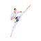 Man Karateka Doing High Leg Kick, Male Karate Fighter Character in White Kimono Practicing Traditional Japan Martial Art