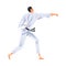 Man Karateka Doing Karate, Male Fighter Character in White Kimono Practicing Traditional Japan Martial Art Cartoon Style