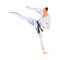 Man Karateka Doing Side Leg Kick, Male Karate Fighter Character in White Kimono Practicing Traditional Japan Martial Art