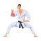 Man Karateka Standing in Fighting Stance, Male Karate Fighter Character in White Kimono Practicing Traditional Japan