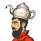 Man with kettle teapot hat color sketch vector