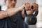 Man, kettlebell and weightlifting hands in closeup at gym for training, exercise or health with focus. Bodybuilder