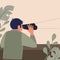 Man in khaki military uniform looks through binoculars. Waiting, tracking, military outpost. Soldier at the post, security,