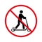 Man on Kick Scooter Ban Black Silhouette Icon. Forbidden Person on Trotinette Pictogram. Male Push Wheel Stop Symbol