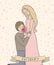 Man kissing pregnant belly of his wife. Cute illustration