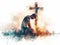 Man kneeling and praying in front of the cross. man seen from the back, very light colors, white background, watercolor style,