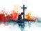 Man kneeling and praying in front of the cross. man seen from the back, very light colors, white background, watercolor style,