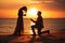 Man kneels on a beautiful beach at sunset, offering a heartfelt proposal to the woman he loves. Ai generated