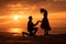 Man kneels on a beautiful beach at sunset, offering a heartfelt proposal to the woman he loves. Ai generated