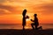 Man kneels on a beautiful beach at sunset, offering a heartfelt proposal to the woman he loves. Ai generated