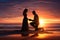 Man kneels on a beautiful beach at sunset, offering a heartfelt proposal to the woman he loves. Ai generated