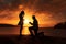 Man kneels on a beautiful beach at sunset, offering a heartfelt proposal to the woman he loves. Ai generated