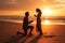 Man kneels on a beautiful beach at sunset, offering a heartfelt proposal to the woman he loves. Ai generated