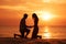 Man kneels on a beautiful beach at sunset, offering a heartfelt proposal to the woman he loves. Ai generated