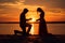 Man kneels on a beautiful beach at sunset, offering a heartfelt proposal to the woman he loves. Ai generated