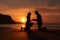 Man kneels on a beautiful beach at sunset, offering a heartfelt proposal to the woman he loves. Ai generated