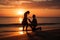 Man kneels on a beautiful beach at sunset, offering a heartfelt proposal to the woman he loves. Ai generated