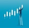 Man on ladder with candlestick chart background, concept of stock market