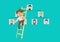 Man on a ladder, moving up the organizational hierarchy, ladder to success. Metaphor for professional and office life